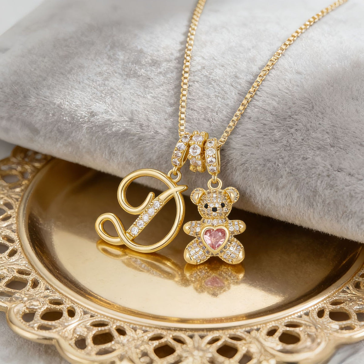 18k Elegant Bear Initial Necklace