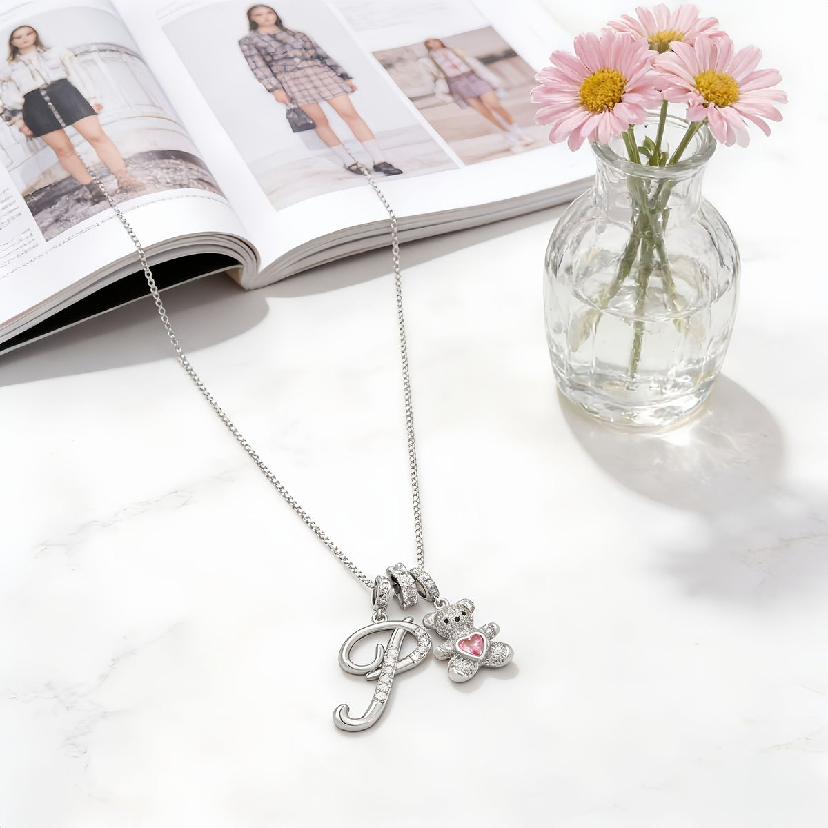 18k Elegant Bear Initial Necklace