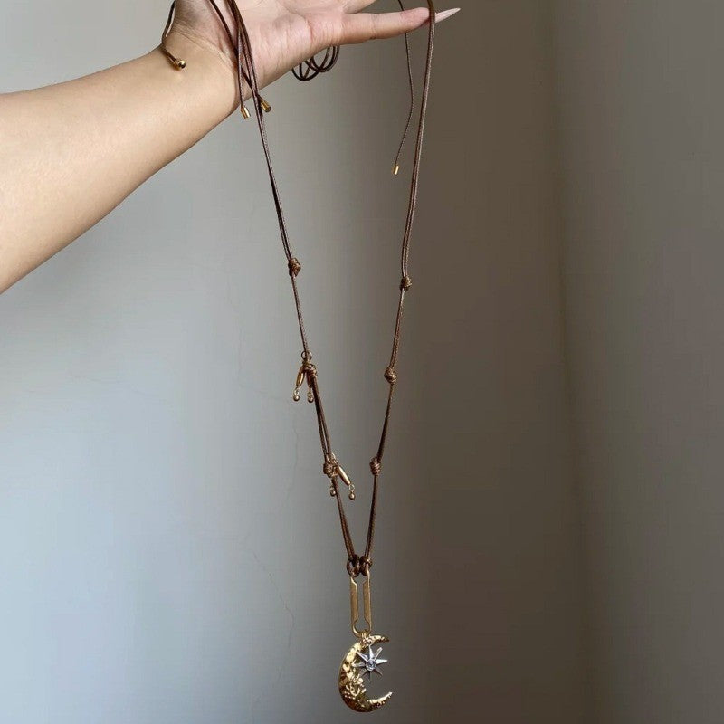 Boho Layered Moon Star Cord Necklace