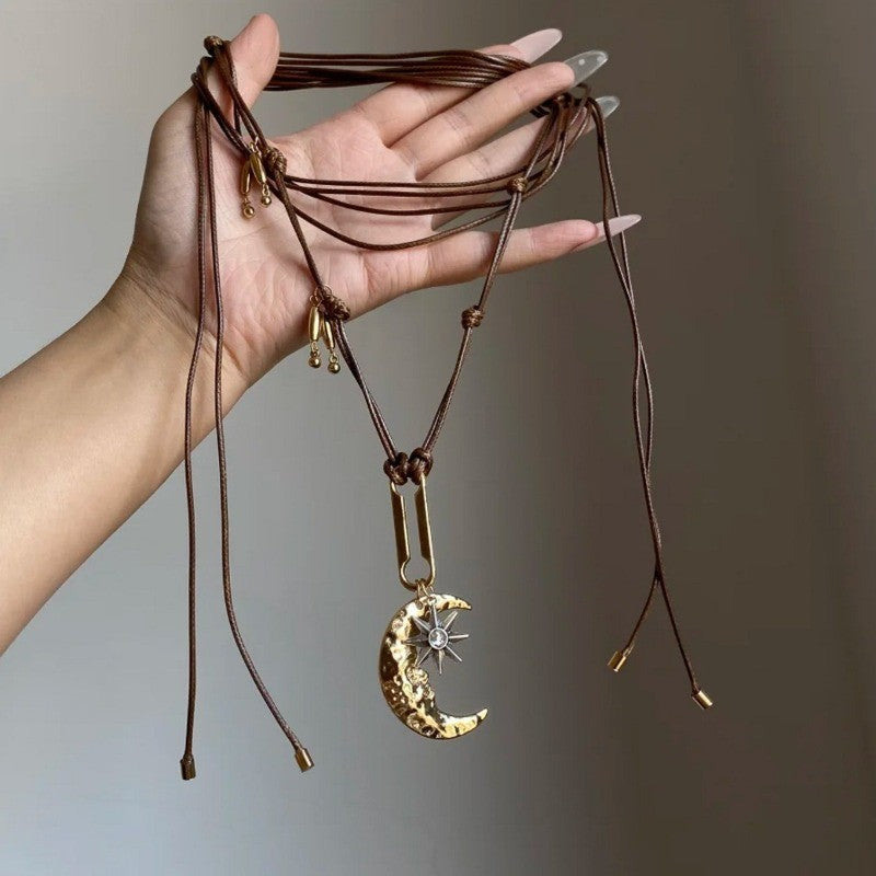 Boho Layered Moon Star Cord Necklace