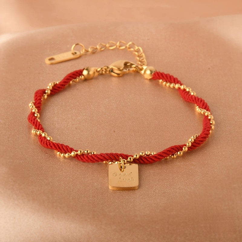 Elegant Red Braided Square Charm Bracelet