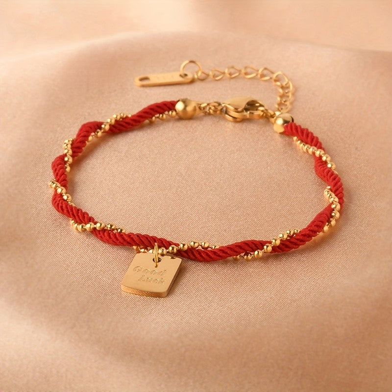 Elegant Red Braided Square Charm Bracelet