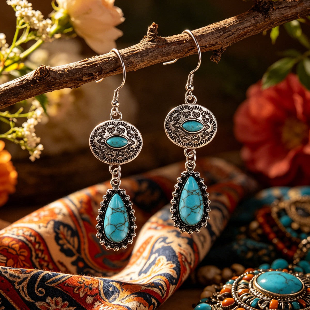 Boho Vintage Turquoise Filigree Drop Earrings