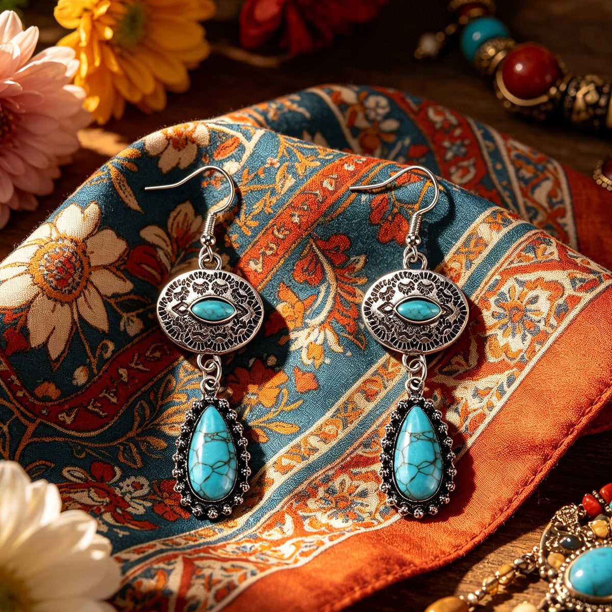 Boho Vintage Turquoise Filigree Drop Earrings