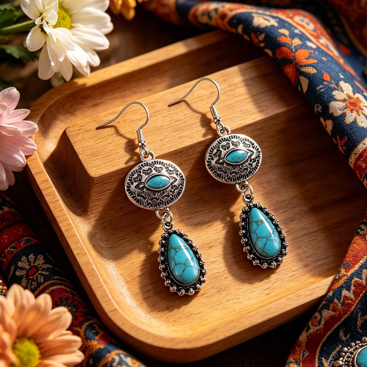 Boho Vintage Turquoise Filigree Drop Earrings
