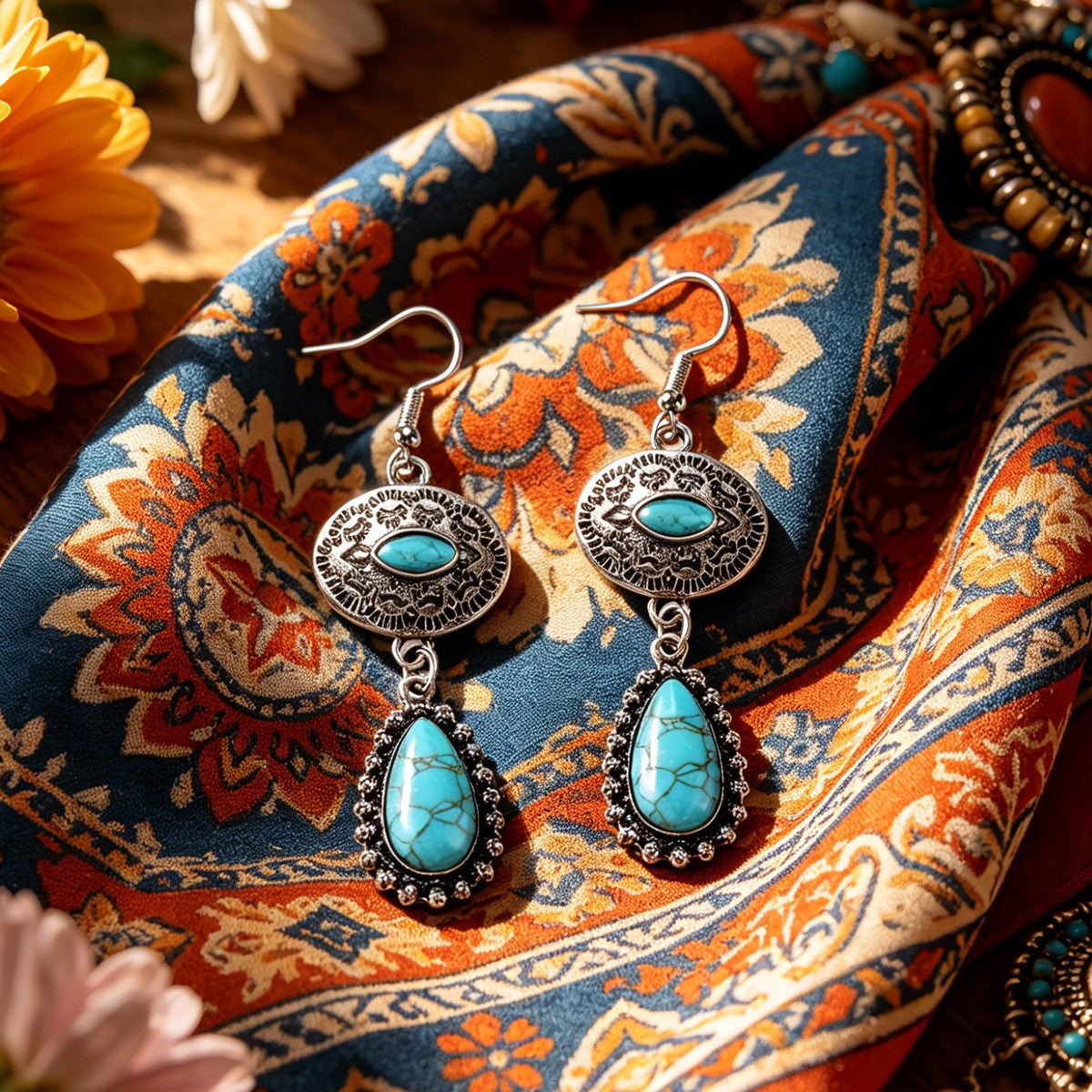 Boho Vintage Turquoise Filigree Drop Earrings