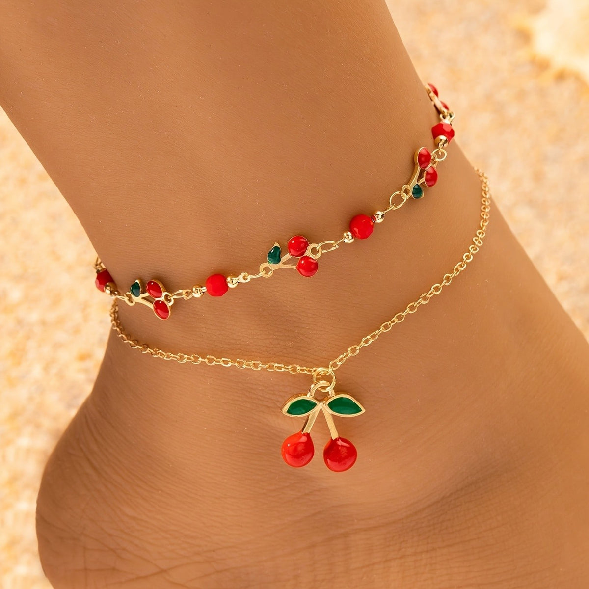 Dainty Red Cherry Anklet Set