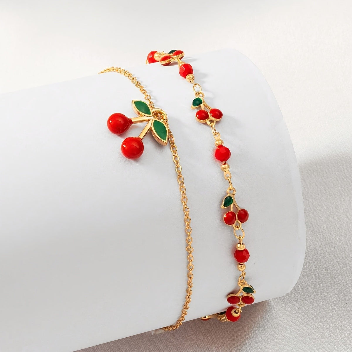 Dainty Red Cherry Anklet Set