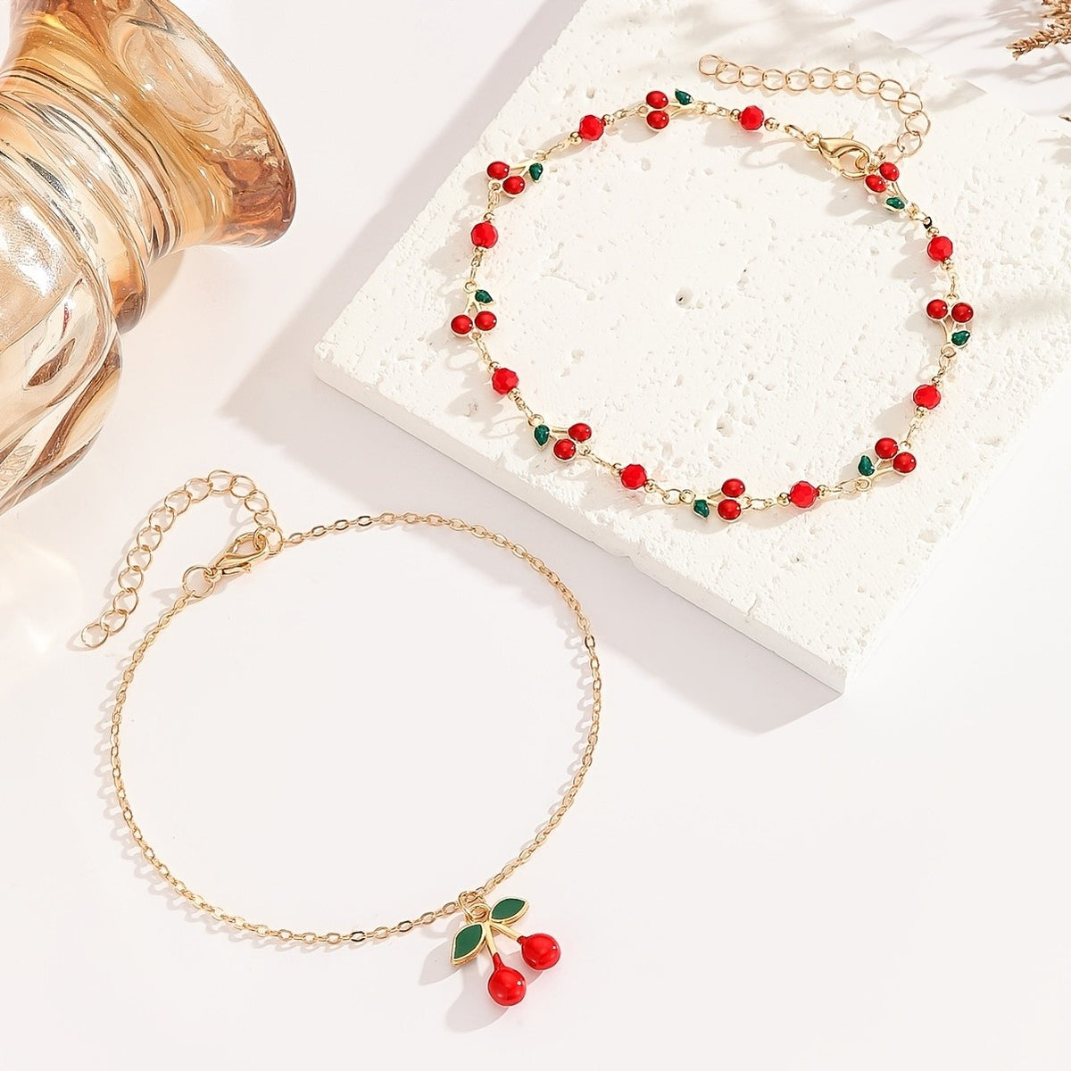 Dainty Red Cherry Anklet Set
