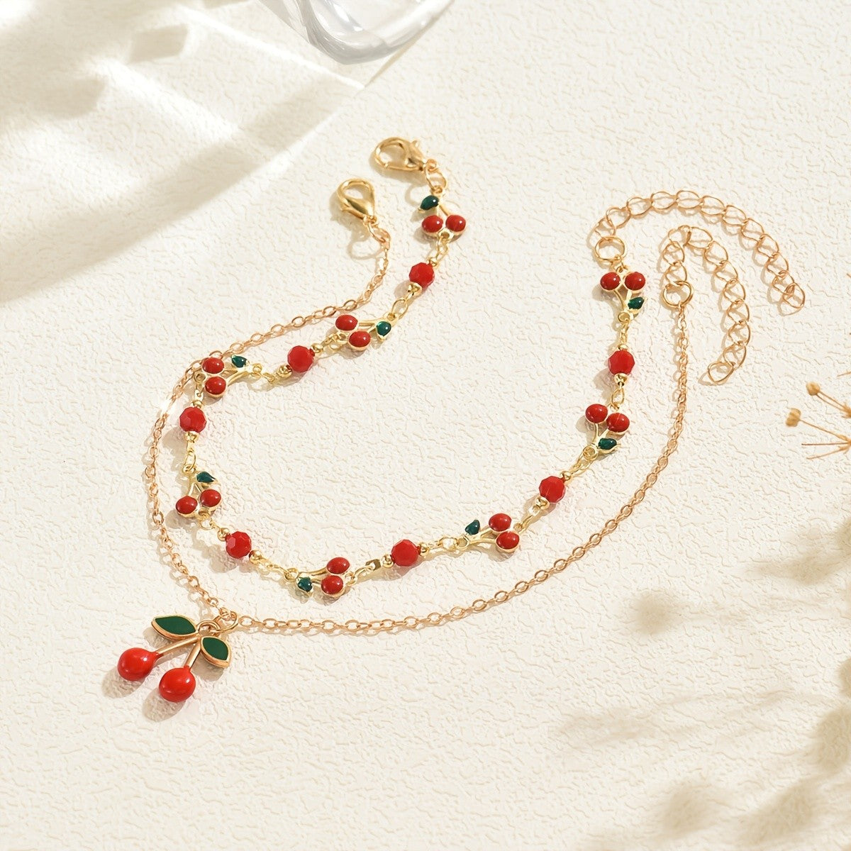 Dainty Red Cherry Anklet Set
