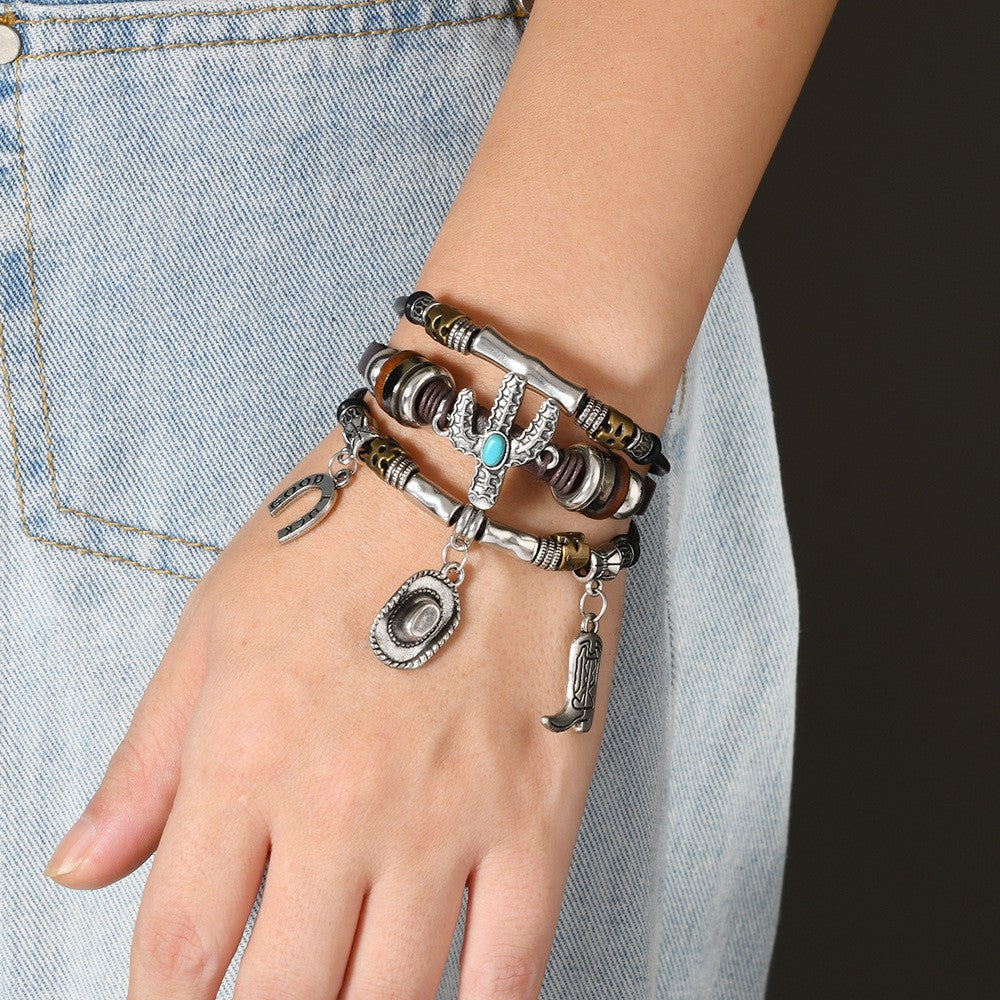 Vintage Western Cactus & Horseshoe Leather Bracelet