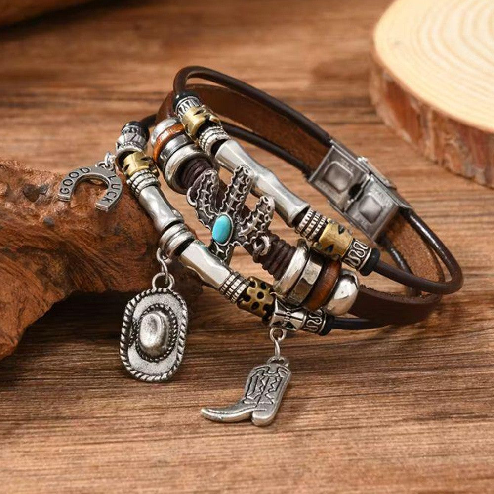 Vintage Western Cactus & Horseshoe Leather Bracelet