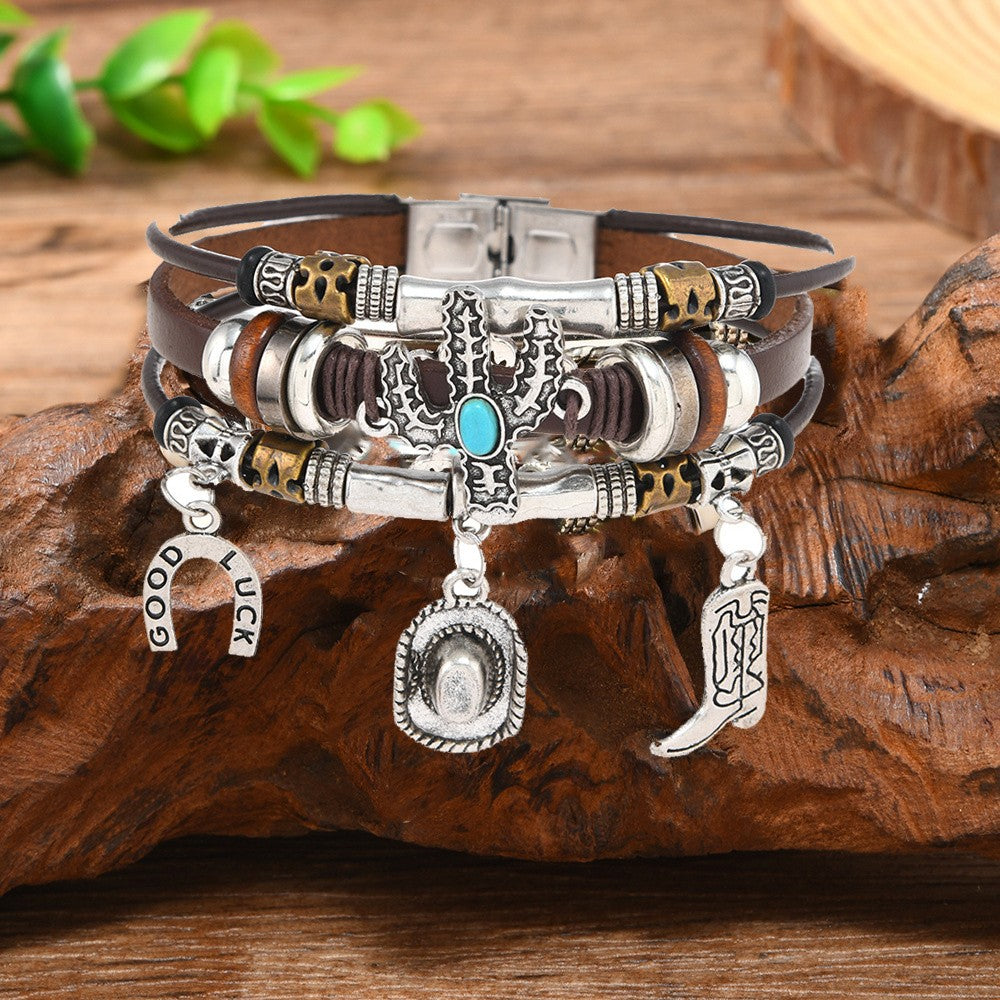 Vintage Western Cactus & Horseshoe Leather Bracelet