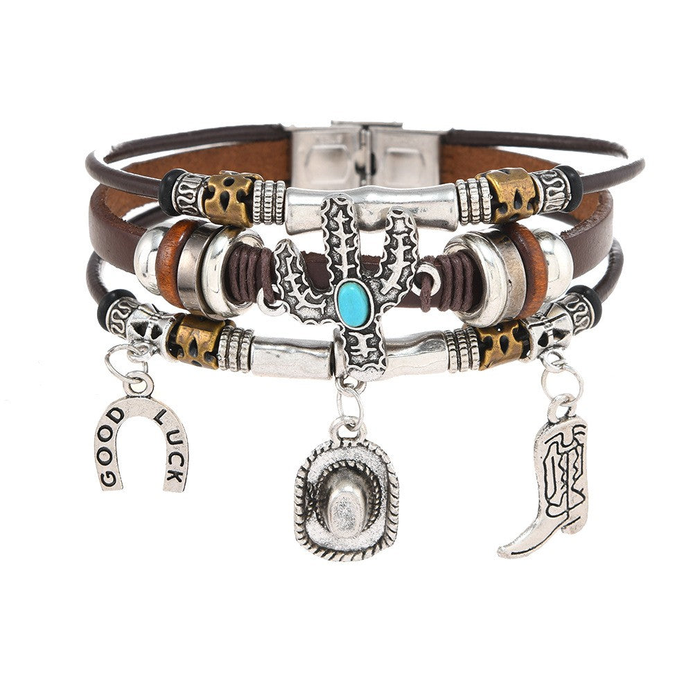 Vintage Western Cactus & Horseshoe Leather Bracelet