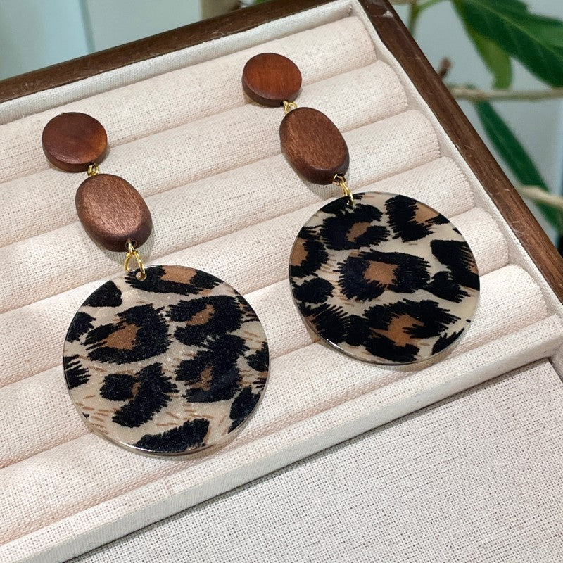 Retro Wood & Leopard Print Drop Earrings