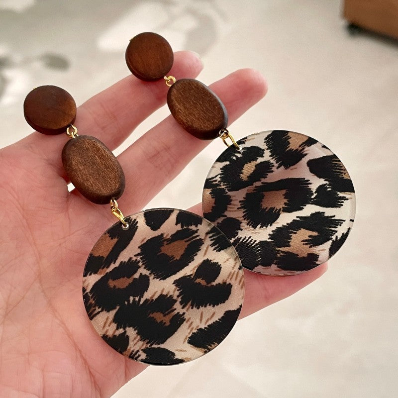 Retro Wood & Leopard Print Drop Earrings