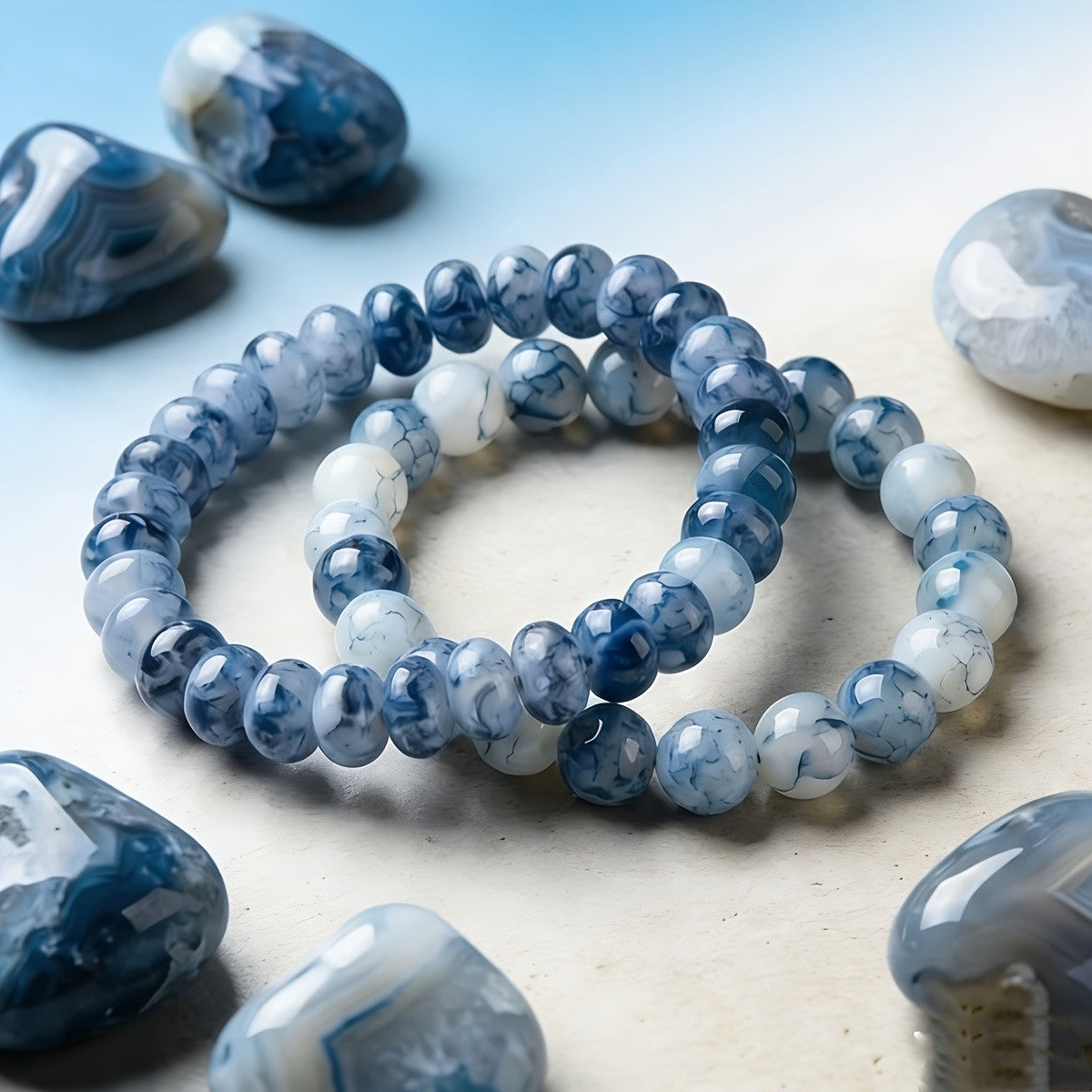 2pc Boho Blue Marbled Glass Bracelet Set