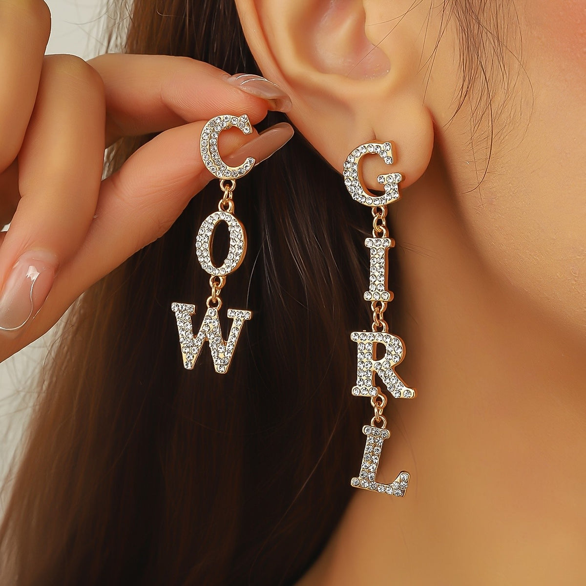 Classy Rhinestone COWBOY Letter Drop Earrings