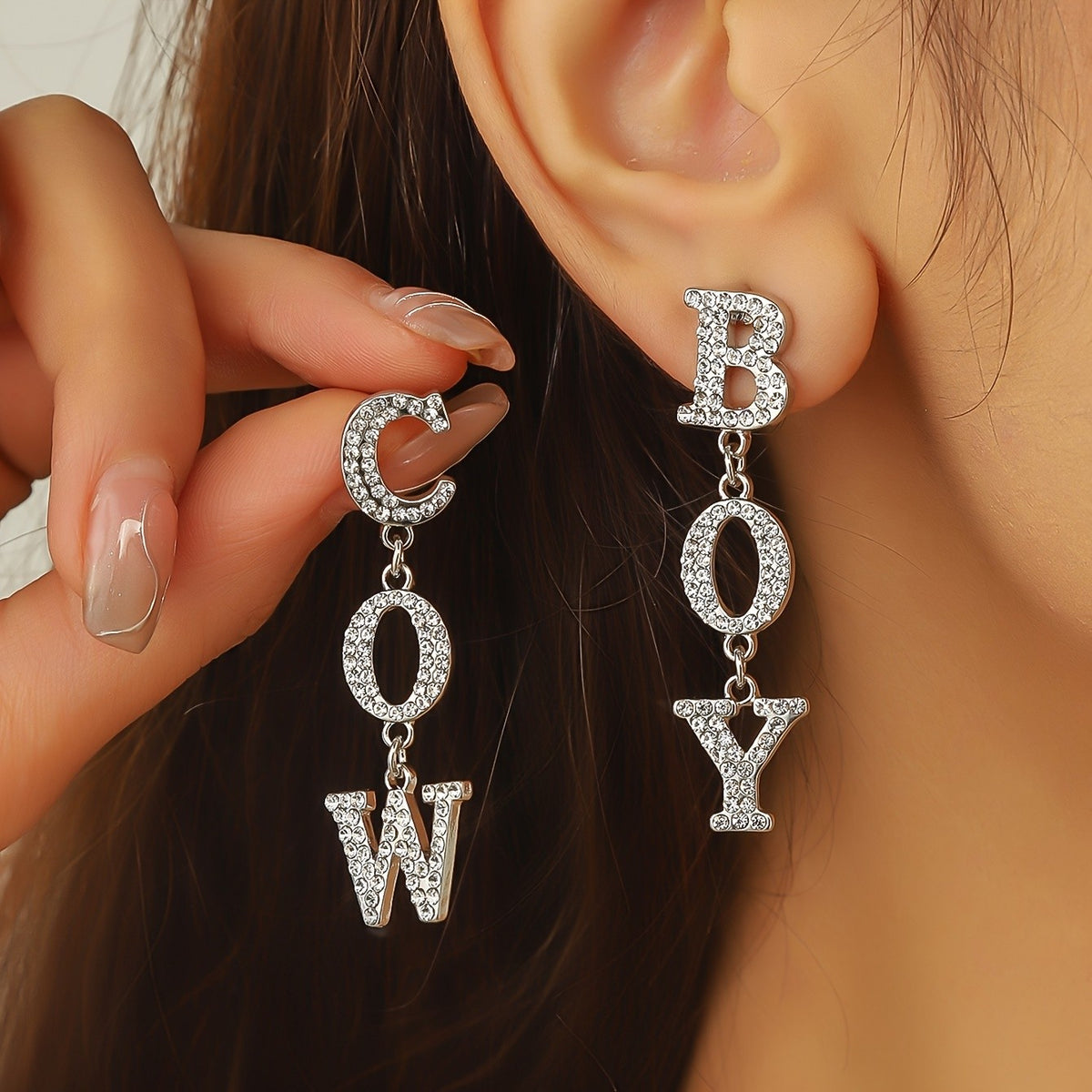 Classy Rhinestone COWBOY Letter Drop Earrings