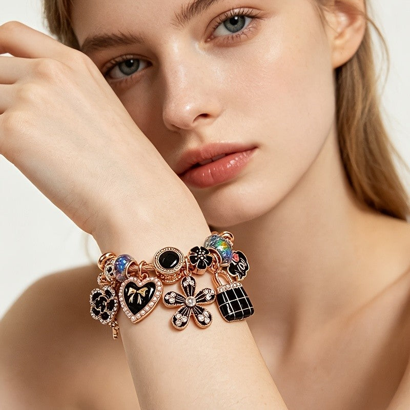 Romantic Black Floral Charm Bracelet