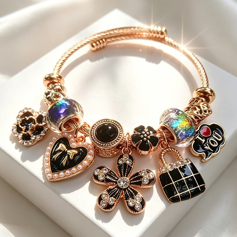 Romantic Black Floral Charm Bracelet