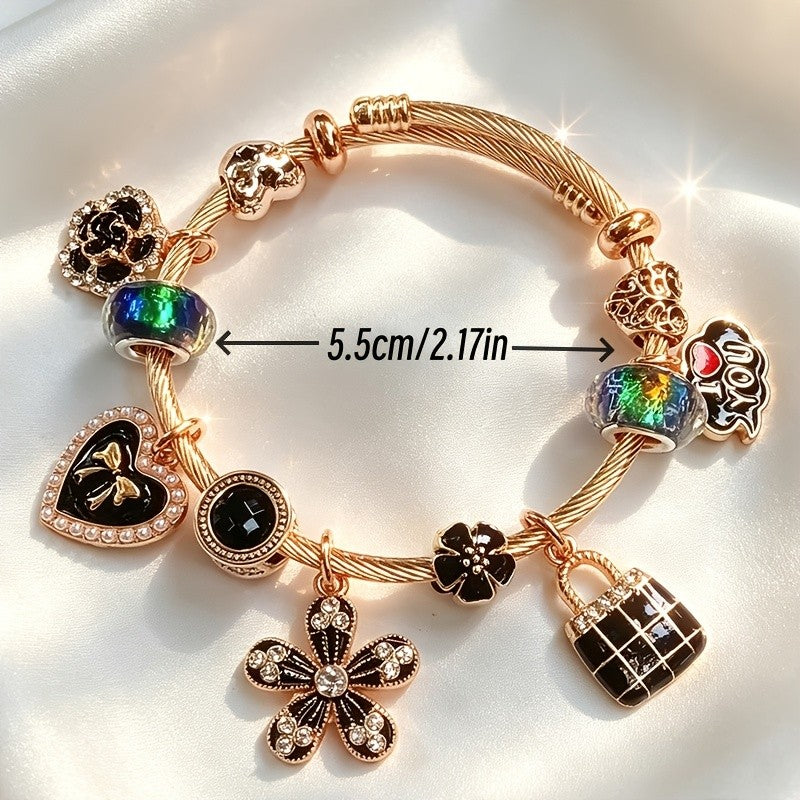 Romantic Black Floral Charm Bracelet