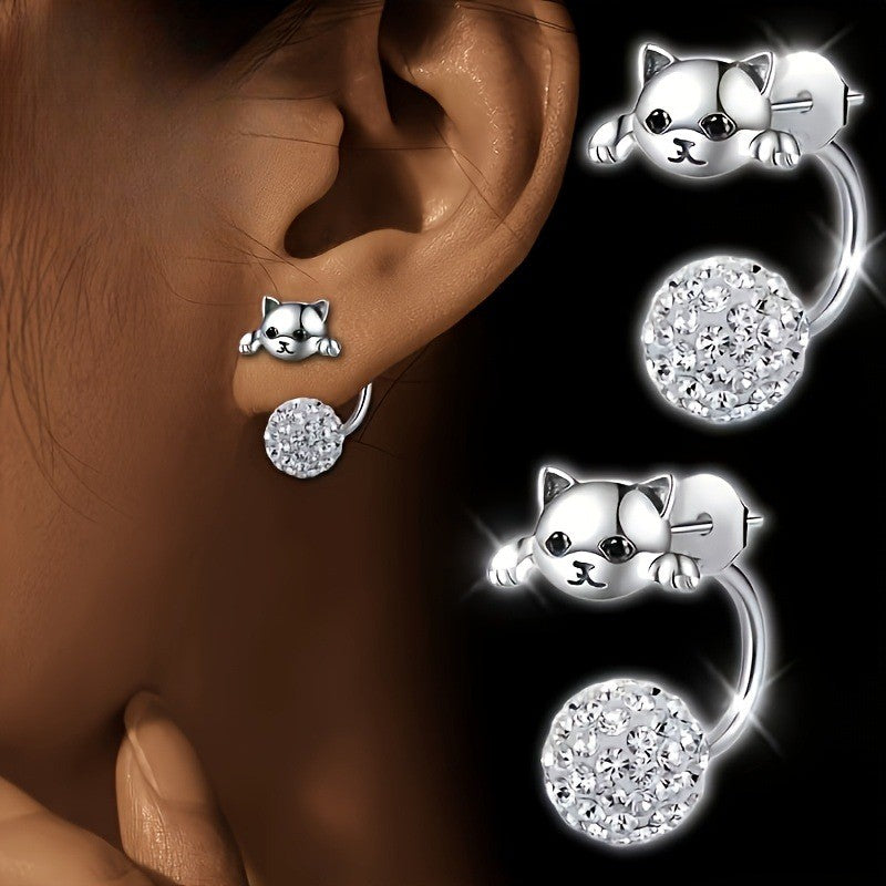Cute Cat Zircon Ball Earring