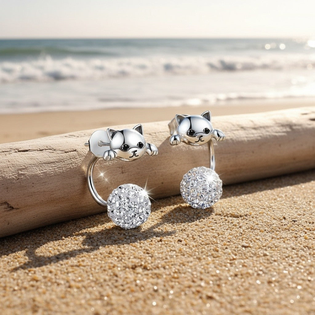 Cute Cat Zircon Ball Earring