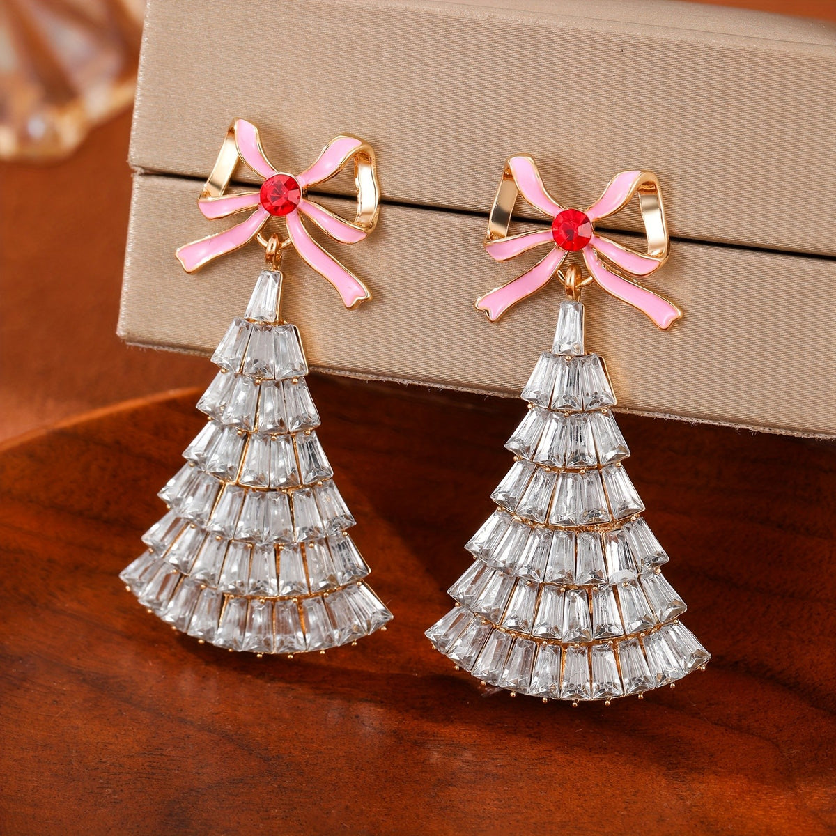 Elegant Pink Bow Rhinestone Christmas Tree Earrings