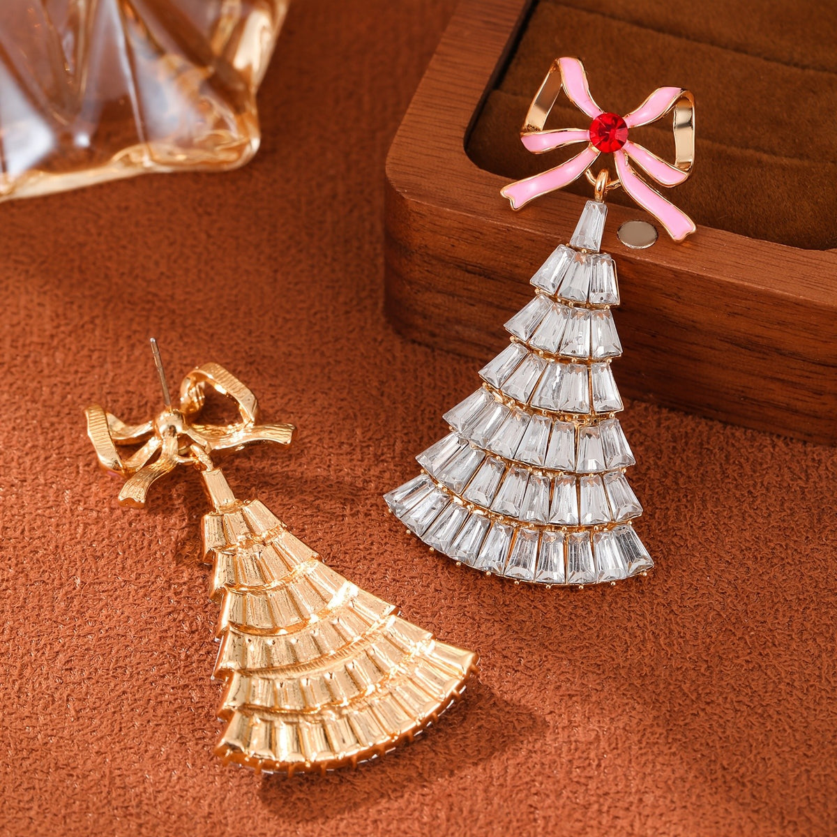 Elegant Pink Bow Rhinestone Christmas Tree Earrings