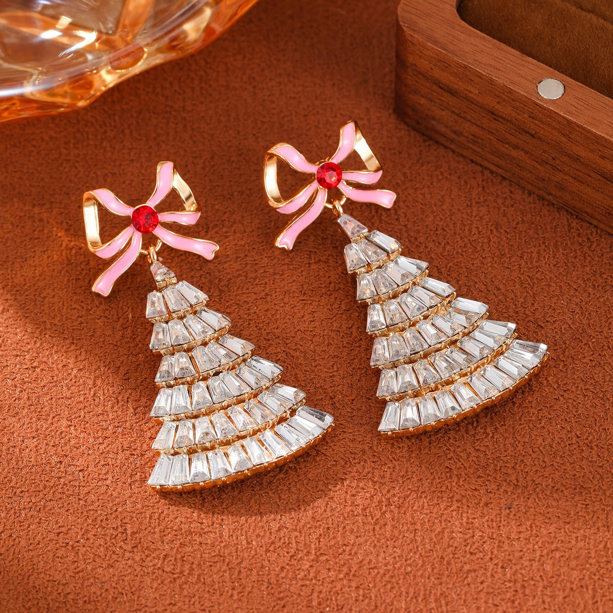 Elegant Pink Bow Rhinestone Christmas Tree Earrings