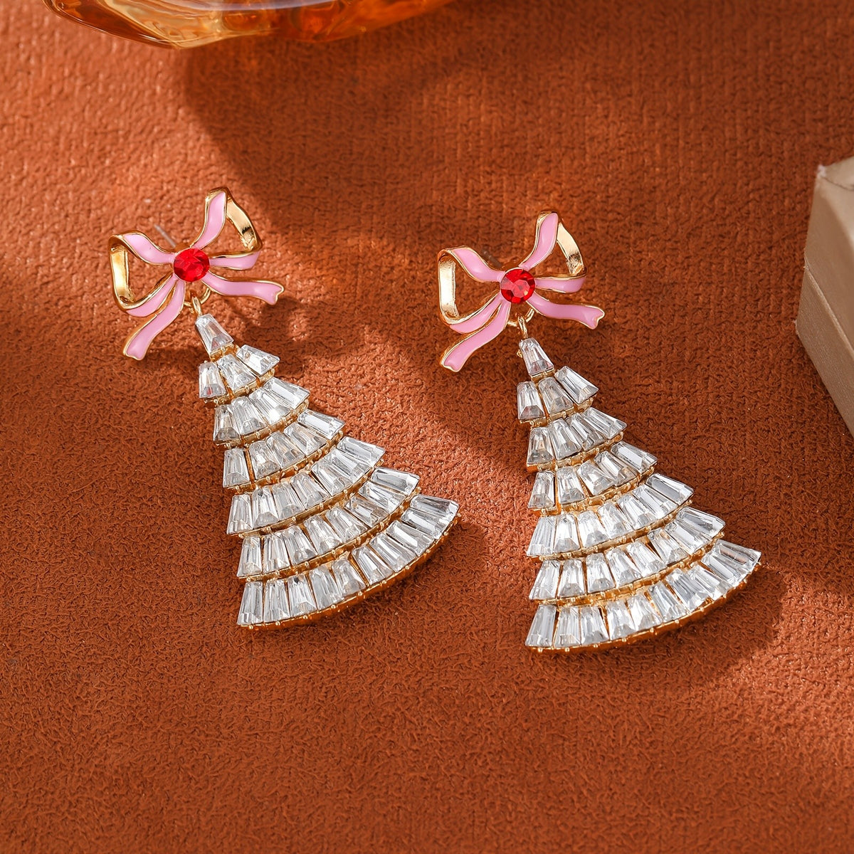 Elegant Pink Bow Rhinestone Christmas Tree Earrings