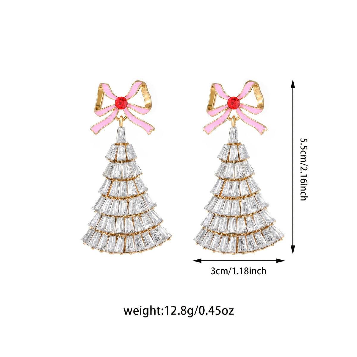 Elegant Pink Bow Rhinestone Christmas Tree Earrings