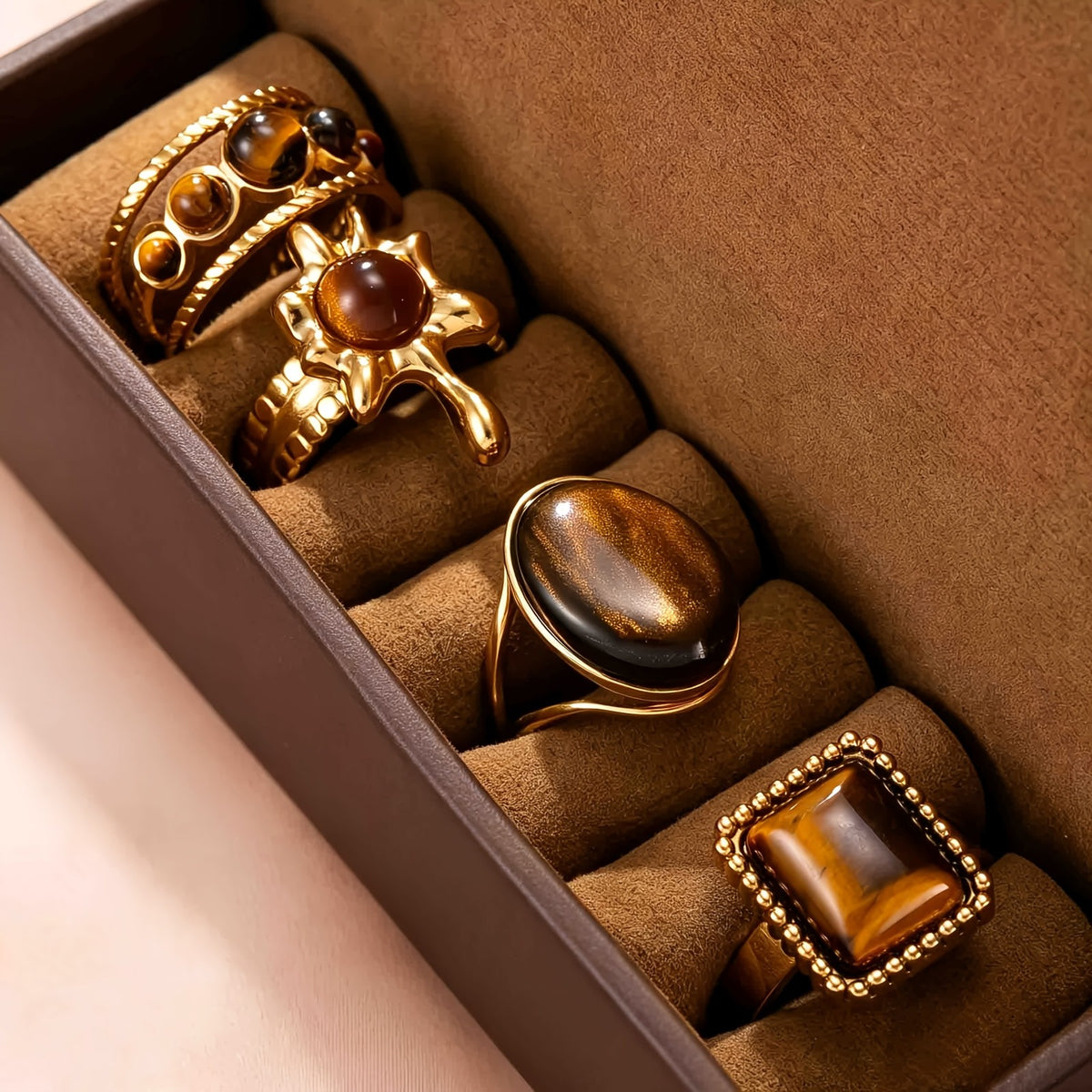 18k Boho Tiger Eye Stackable Ring Set
