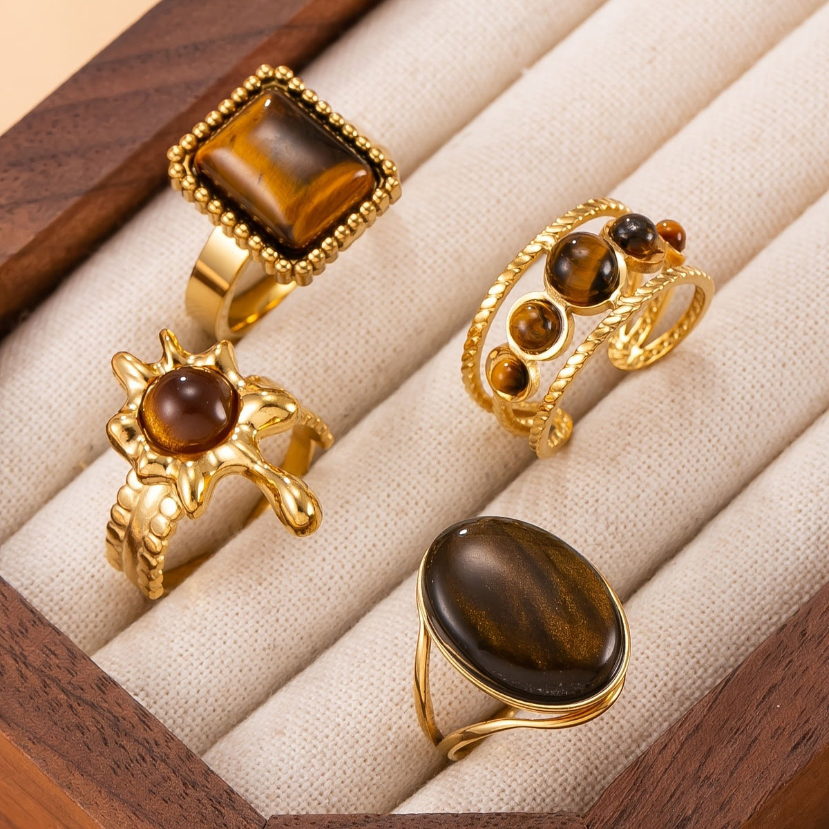 18k Boho Tiger Eye Stackable Ring Set