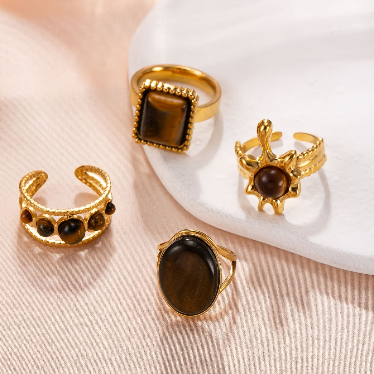 18k Boho Tiger Eye Stackable Ring Set