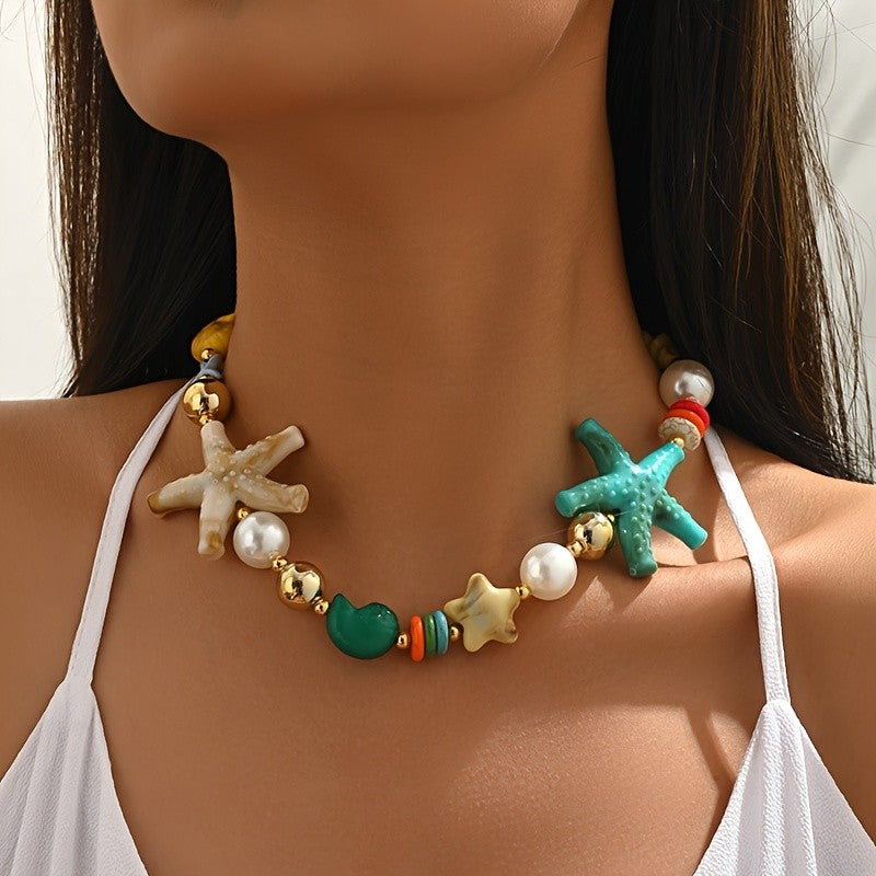 Boho Resin Starfish & Faux Pearl Necklace