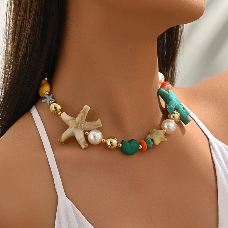 Boho Resin Starfish & Faux Pearl Necklace
