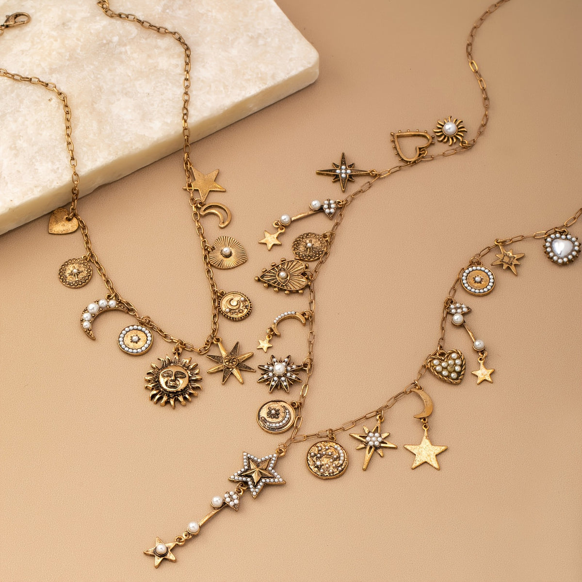 2pc Boho Sun Moon Star Necklace Set