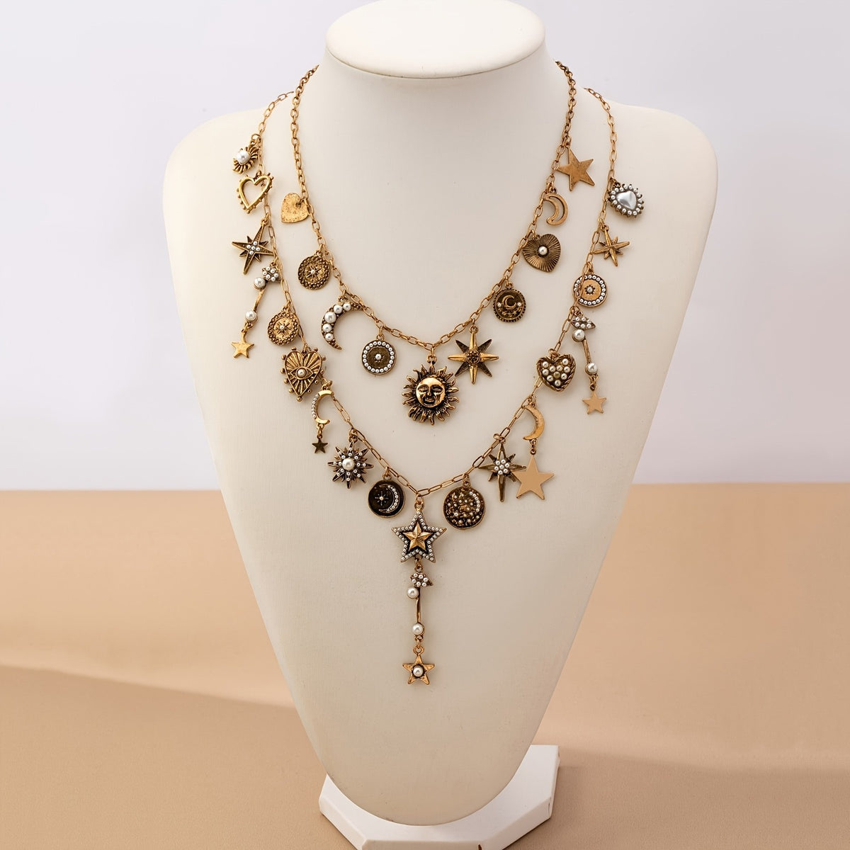 2pc Boho Sun Moon Star Necklace Set