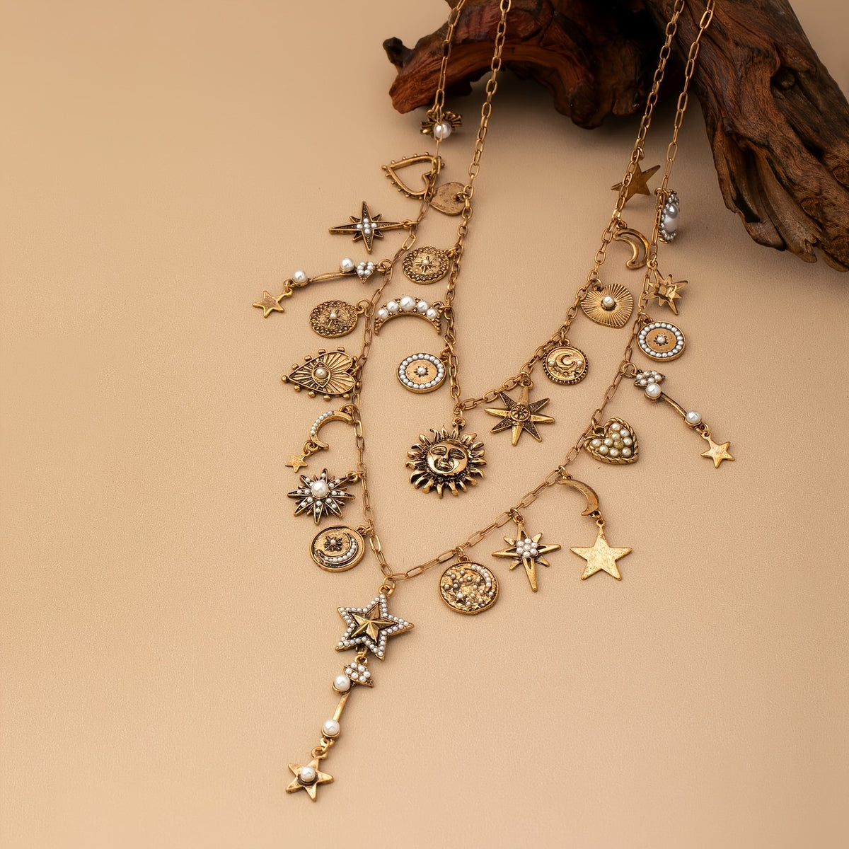 2pc Boho Sun Moon Star Necklace Set