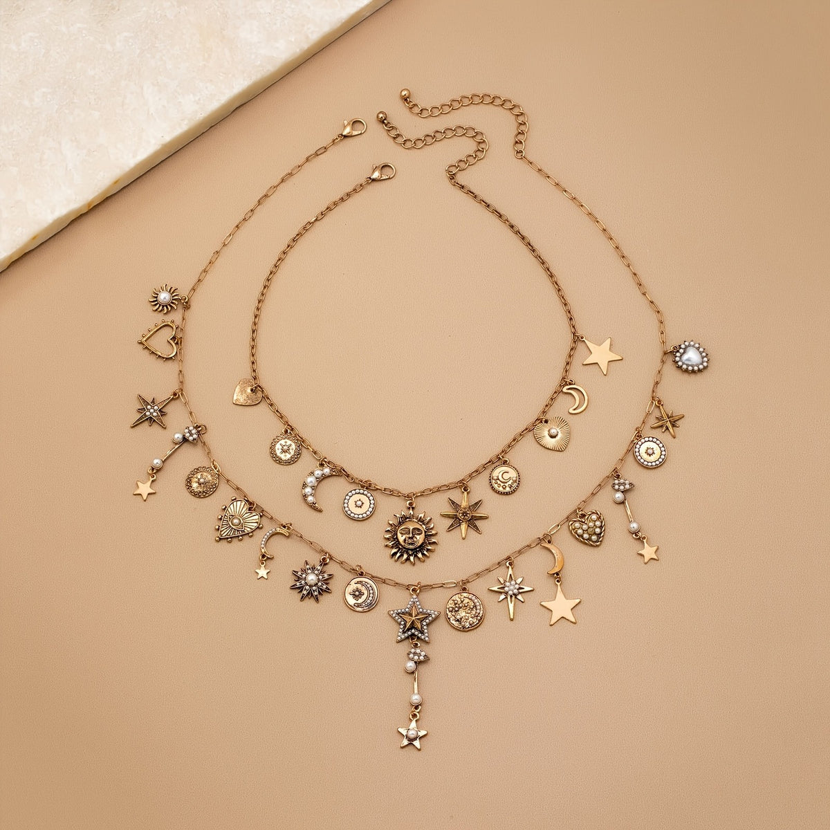 2pc Boho Sun Moon Star Necklace Set