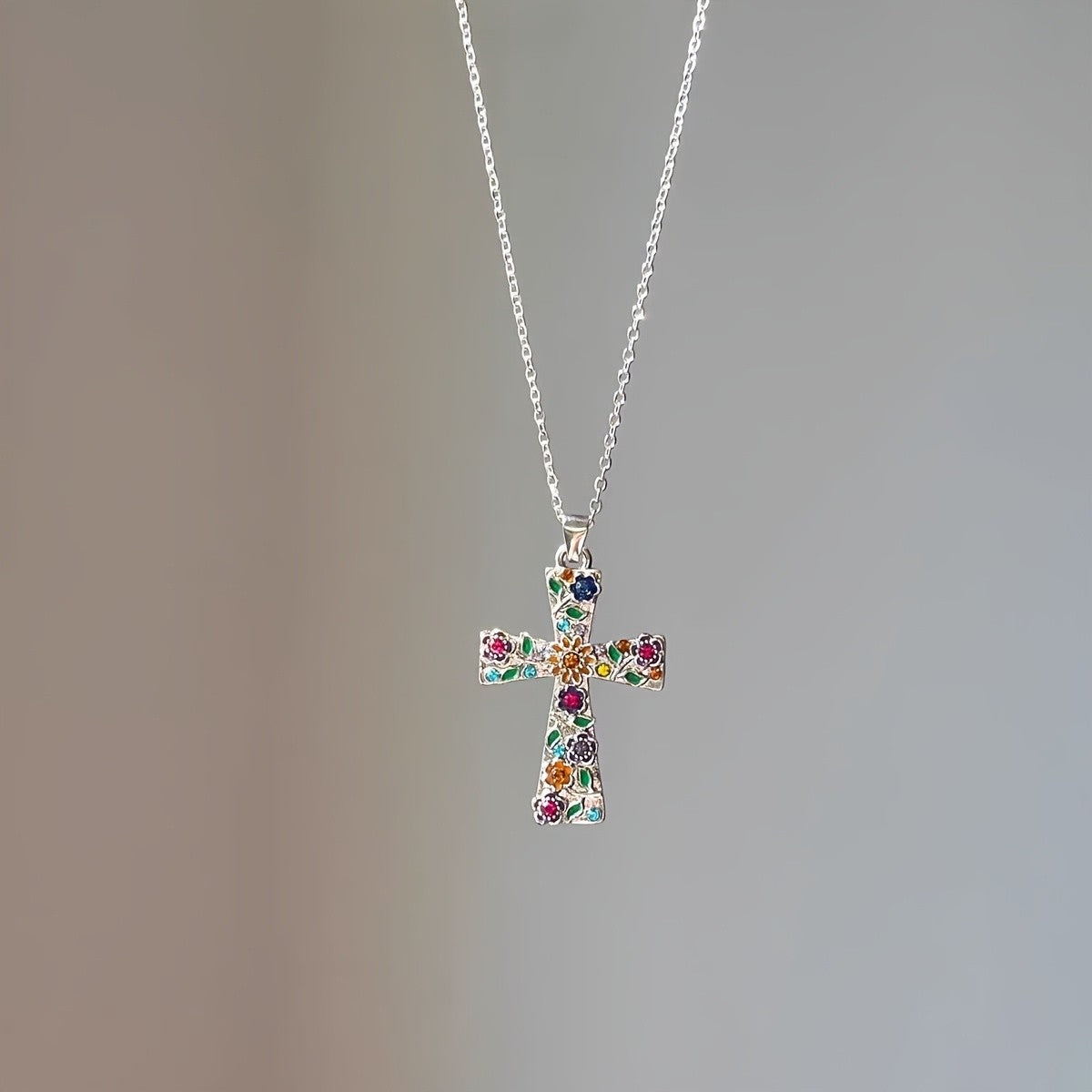 Dainty Colorful Floral Cross Necklace