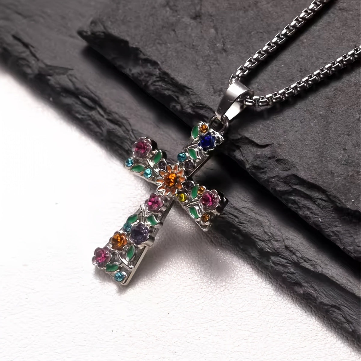 Dainty Colorful Floral Cross Necklace