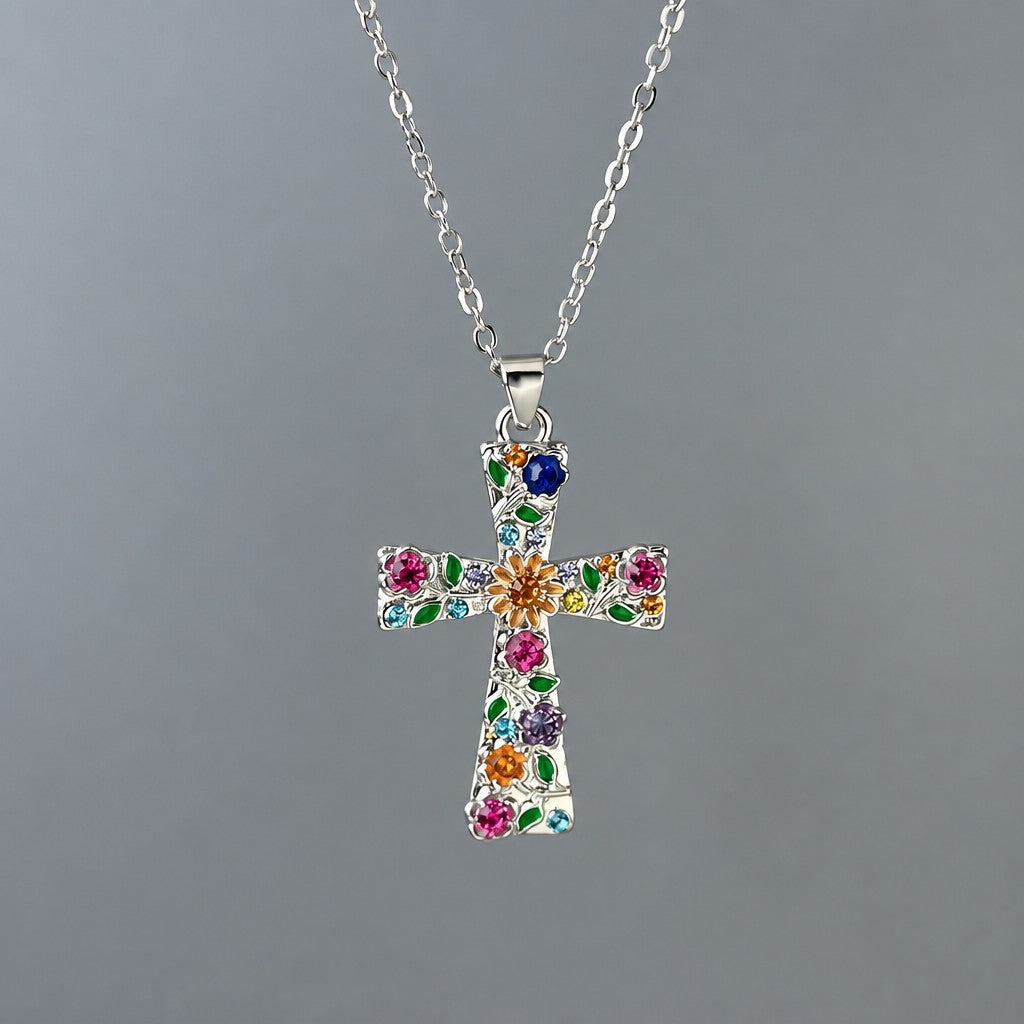 Dainty Colorful Floral Cross Necklace