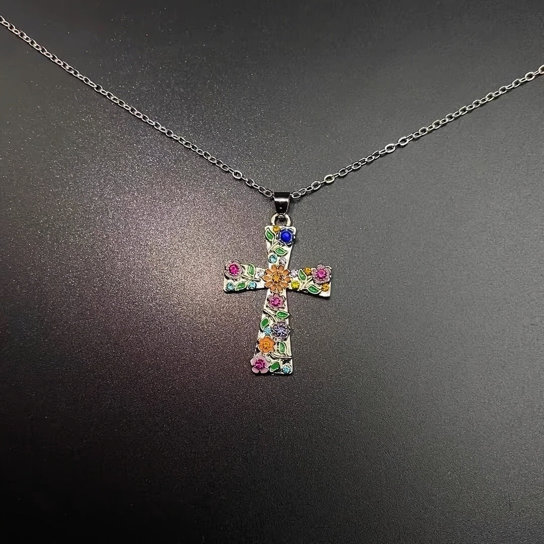 Dainty Colorful Floral Cross Necklace