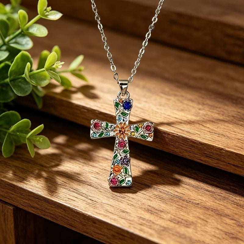 Dainty Colorful Floral Cross Necklace