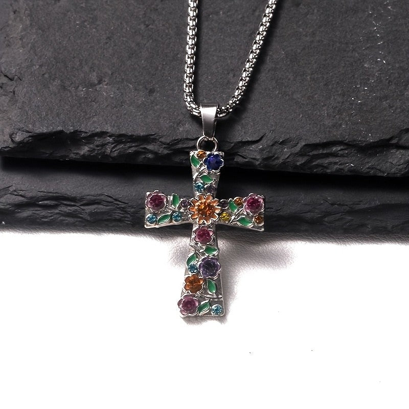 Dainty Colorful Floral Cross Necklace