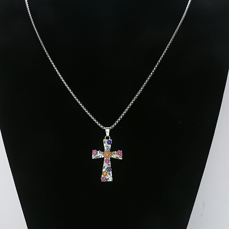 Dainty Colorful Floral Cross Necklace
