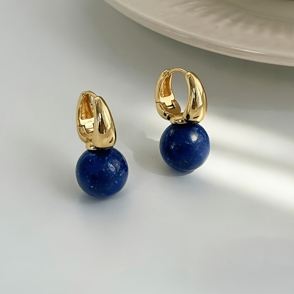 18k Elegant Lapis Lazuli Sphere Drop Earrings